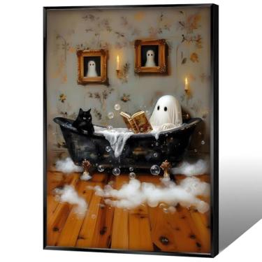 Imagem de Arte de parede de terror Halloween livro de leitura fantasma e gato preto na banheira pôster fantasma e gato preto banho bolha impressão vintage pintura gótica de Halloween para quarto dormitório