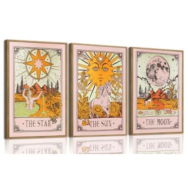 Imagem de ZZTCYSU Arte de parede emoldurada celestial tarô sol lua estrela arte de parede impressões vintage arte gótica mística astrologia arte para sala de estar quarto banheiro 30,5 x 40,6 cm