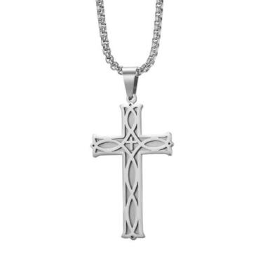 Imagem de REchoLI Colar de cruz para homens, aço inoxidável, nó irlandês, prata/preto, colar com pingente de cruz elegante, joia religiosa, joia cristã, 60 cm/23,6 polegadas, 23.6 Inches, Aço inoxidável, Sem