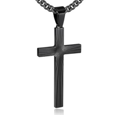 Imagem de Colar masculino de cruz, prata de aço inoxidável, preto, pingente de cruz dourada, presente masculino cristão, 18in, Aço inoxidável, Sem Pedra Preciosa