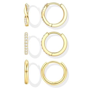 Imagem de YADOCA Brincos pequenos de argola de ouro para mulheres, na moda, pinos de prata esterlina, hipoalergênicos, dourados, prateados, brincos de cartilagem, brincos de argola de zircônia cúbica, conjuntos