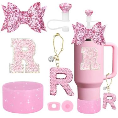 Imagem de YesMvpMvp Conjunto de acessórios de copo Stanley de 7 peças, pingente de letra para copos Stanley, incluindo canudo de diamante, canudo de laço, bota de silicone brilhante para Owala 850 g e 1,134 g