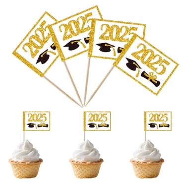 Imagem de TMHTMH 100 peças 2025 tema formatura cupcake palito bandeiras, mini 2025 graduação boné diploma cupcake festa decorações suprimentos, decoração de cupcake coquetel fruta (ouro)