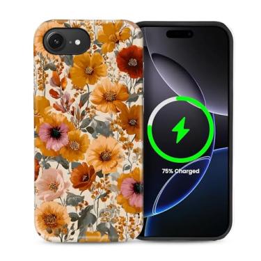 Imagem de ZHEGAILIAN Capa magnética para iPhone 16e, compatível com capa dura MagSafe + silicone macio 2 em 1 híbrido à prova de choque capa protetora contra quedas floral sonho flores silvestres bordado