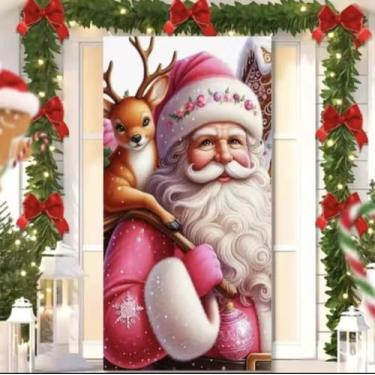 Imagem de Capa para Porta Feliz Natal Rosa com Elástico – Painel Decorativo Feliz Papai Noel Tecido Premiun (2,10 Cms X 0,85 Cms) (14)