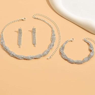 Imagem de Conjunto de joias de casamento de prata para noivas, damas de honra, colar de strass de prata, brincos e pulseiras, conjuntos de bijuterias formais, bijuterias, conjuntos de joias para mulheres