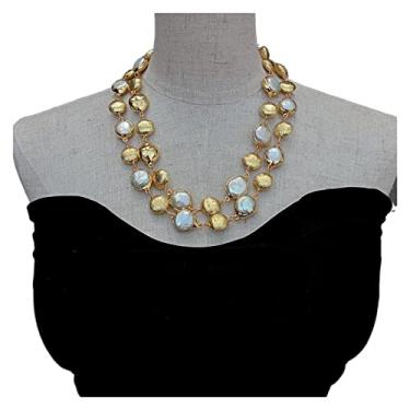 Imagem de URMIBDAI Colares femininos cultivados em água doce 17 mm moeda branca pérola 15 mm colar de contas escovadas multi fios estilo luxuoso joias femininas