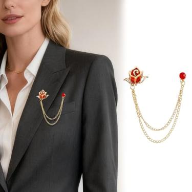 Imagem de Corrente banhada a ouro prata cristal rosa broches colar pinos strass com corrente pendurada terno camisa broche lapela broche jóias moda para homens mulheres, Medium, Cristal, Cristal