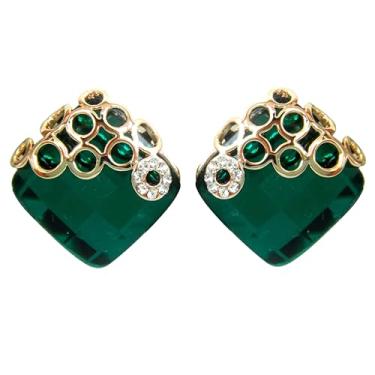 Imagem de Navachi Brincos pendentes de gota AZ2871D de zircão quadrado verde com folhas de flor de cristal banhado a ouro 18 k, Cristal, Zircônia cúbica