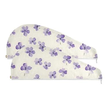 Imagem de SEHANY Toalha de cabelo de microfibra elegante flores roxas para mulheres 2 peças turbantes de cabelo de secagem rápida com botão, touca de cabelo seco absorvente toalha de secagem de cabelo para
