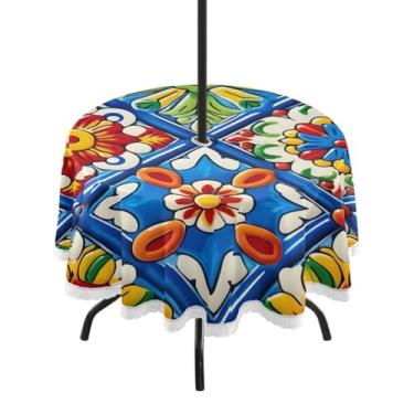 Imagem de ATTX Toalha de mesa redonda mexicana de cerâmica ao ar livre – 152 cm, impermeável, à prova de derramamento, uso interno/externo, com orifício para guarda-chuva com zíper para acampamento, piquenique
