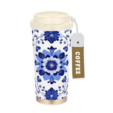 Imagem de SEHANY Caneca de viagem Bohemia azul branca 482 g xícaras de café reutilizáveis revestidas de cerâmica com tampa à prova de vazamento, parede dupla, isolamento a vácuo, copo de café de aço inoxidável