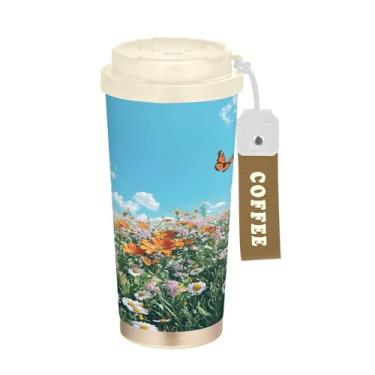 Imagem de SEHANY Caneca de viagem borboleta e flores de 482 ml Copos de café reutilizáveis revestidos de cerâmica com tampa à prova de vazamento, parede dupla, isolamento a vácuo, copo de café de aço inoxidável