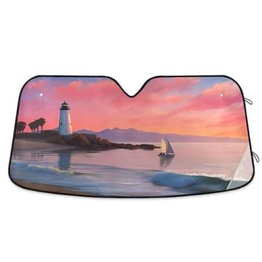 Imagem de ATTX Beach Lighthouse Para-brisas para carro 139.7 cm x 70.1 cm Protetor solar universal com proteção UV, persiana de janela frontal automática dobrável para Sedans SUVs Caminhões #180