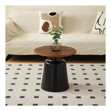 Imagem de HGTRH Mesa de centro redonda, conjunto de 2 mesas de nidificação com acabamento de madeira em estilo creme, mesa de cabeceira lateral de sofá para quarto, base de aço carbono, nogueira, preto, P