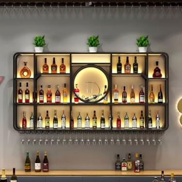 Imagem de HGTRH Prateleira de vinho industrial de parede, prateleira de vinho de parede com suporte de copos para copos, grande capacidade de armazenamento garrafas de vinho de metal com tira de luz para bar