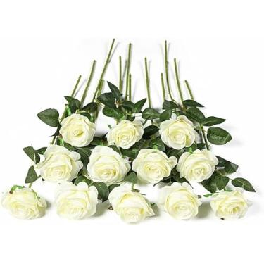Imagem de 12 Peças Ramo de Rosa Seda Artificial Realista Floral Caule Longo para Decoração Casamento Festa Escritório e Lar