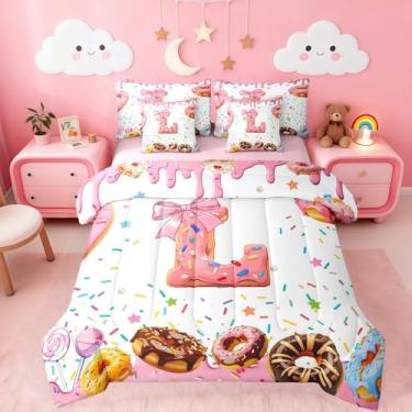 Imagem de Conjunto de edredom infantil com laço rosa, tamanho king, coquete feminino, com lençóis, monograma personalizado, G, microfibra macia, 7 peças, nó de borboleta, letra G, decoração de quarto