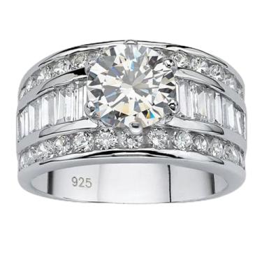 Imagem de Anéis de noivado de três camadas de zircônia cúbica redonda banhada a ouro branco, alianças de compromisso, festas noturnas, presentes de dia dos namorados, alianças de eternidade para mulheres, 8