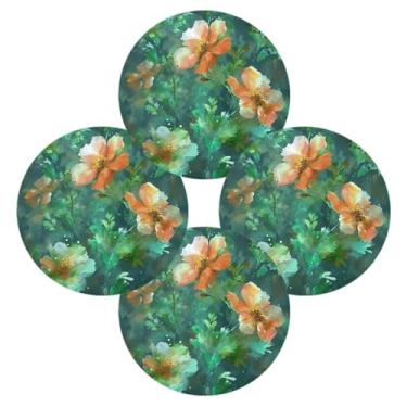 Imagem de Wassud Jogo americano conjunto de 4 tapetes de mesa redondos verdes florais para cozinha e jantar tapetes laváveis resistentes ao calor decoração de mesa 39 cm