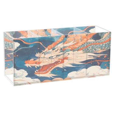 Imagem de CEBUGI Porta-lápis de acrílico com 4 compartimentos, organizador de lápis de desenho animado de dragão, suporte de pincel de maquiagem para escritório em casa, escritório
