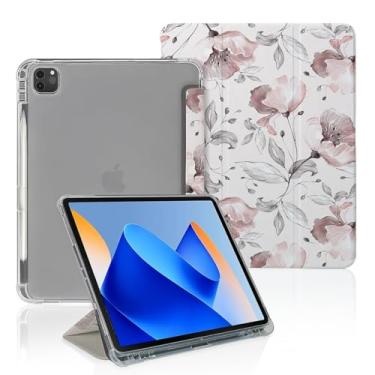 Imagem de Capa floral rosa e cinza aquarela compatível com iPad 9ª 8ª geração 10,9 polegadas 2021/2019/2018, capa engraçada com suporte de três dobras + porta-lápis para meninos e meninas, iPad Pro 11 polegadas