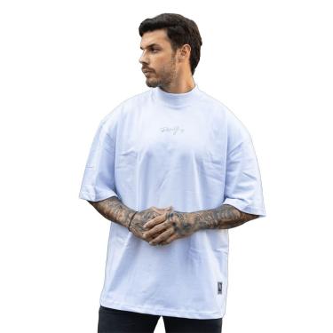 Imagem de Camiseta Oversized Gola Alta Aplique Assinatura Streetwear Confortavel Masculina Branco-Masculino