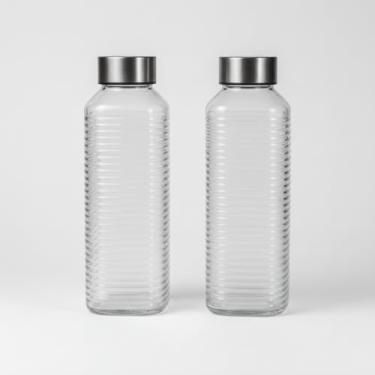 Imagem de Kit 2 Garrafas De Vidro Para Geladeira Agua Suco Fresco Pratica Elegante (linhas)