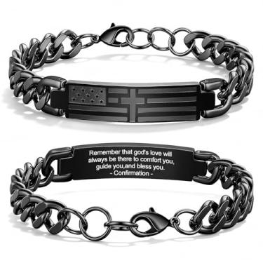 Imagem de TempBeau Pulseira de cruz masculina - corrente de aço inoxidável com versículo bíblico preto com bandeira americana, ideias de presente de aniversário, confirmação de primeira comunhão, batismo,