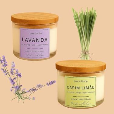 Imagem de Cuore Studio Vela Aromática Perfumada Natural, Kit com 2, Chá Branco, Vanilla, Baunilha, Alecrim, Lavanda, Capim Limão, Bamboo, Cereja e Avelã, Jasmim, 100g cada (Lavanda e Capim Limão)