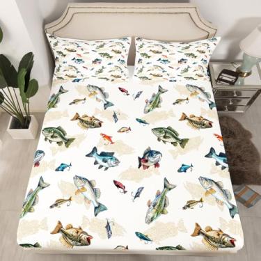 Imagem de Erosebridal Jogo de cama casal de pesca camuflada – Peixe lúcio robalo grande, para meninos e crianças, tema de caça, camuflagem, apenas | Jogo de cama de pescador Lake House, 3 peças, decoração de