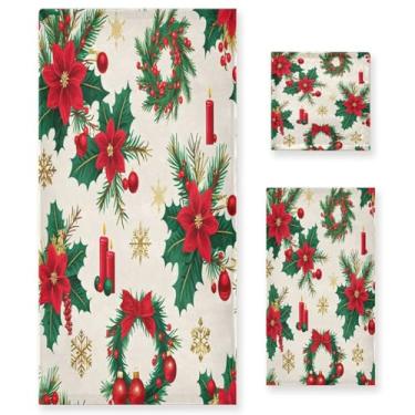 Imagem de Qilmy Conjunto de toalhas com padrão de guirlanda de Natal, conjunto de toalhas decorativas de banheiro macio absorvente com toalha de banho, toalha de mão e toalha de banho