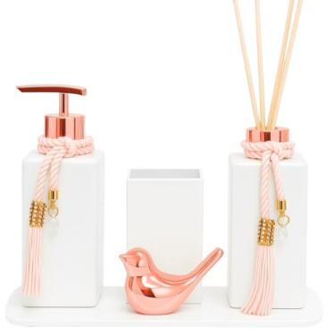 Imagem de Kit Lavabo Completo Branco com Difusor Aromático, Saboneteira, Vaso Quadrado, Mini Passarinho e Bandeja Meia-Lua(ROSE)