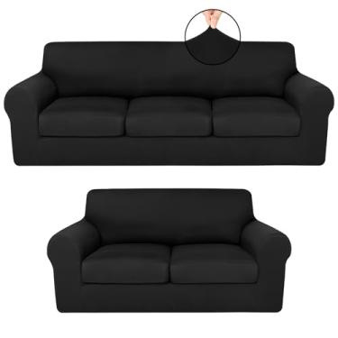 Imagem de HunnmingRe 7 capas de sofá elásticas para 3 capas de sofá e 2 poltronas de sofá, poltrona, protetor de móveis para sala de estar, à prova de rugas (preto)