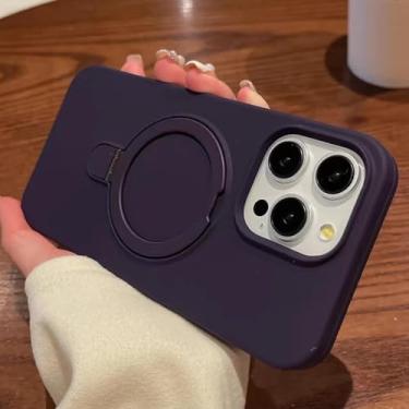 Imagem de HTVJFX Capa de silicone líquido de luxo com suporte e anel para iPhone 14 Pro, além de capa protetora magnética fosca e macia (para iPhone 14 Pro/roxo escuro)