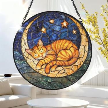 Imagem de 1 peça de decoração para pendurar apanhador de sol de acrílico colorido, gato de vidro dormindo na lua 18 cm, decoração de janela com design de vitral impresso, ideia de presente e ornamento de jardim