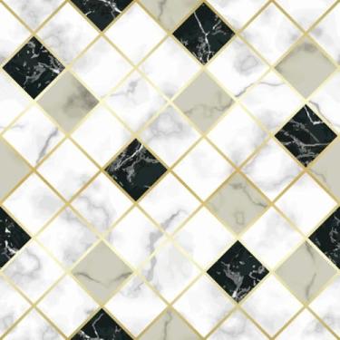 Imagem de Papel De Parede Lavável Mármore Pedra Preta e Branca com Linhas Douradas Azulejo Cozinha(3 Metros)