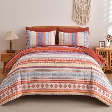 Imagem de Mybedsoul Conjunto de edredom estilo asteca vermelho laranja 7 peças, cama boho, tamanho queen, em uma bolsa, conjunto de cama para todas as estações com lençóis e fronhas, padrão geométrico listrado