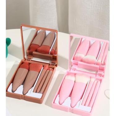 Imagem de Mini Espelho de Maquiagem Portátil com 5 Pincéis, Lupa e Design Dobrável para Bolsa(KIT6 ROSA+KIT6 ROSE)