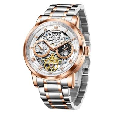 Imagem de OLEVS Relógios masculinos automáticos automáticos automáticos mecânicos de negócios diamante luxuoso vestido de aço inoxidável à prova d'água, 6670: ouro rosa branco