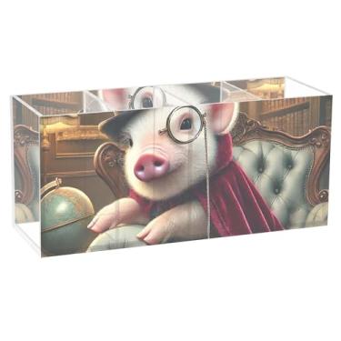 Imagem de TSENQUE Gentleman Pig Library Suporte de caneta vintage personalizado bonito para mesa, suporte de acrílico para escritório, pincel de maquiagem, porta-copos, decoração estética para escritório