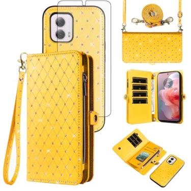 Imagem de Capa de celular para Motorola Moto G Power 5G 2024 com zíper carteira destacável com protetor de tela de vidro temperado alça transversal alça flip glitter porta-cartão slot G5 mulheres meninas