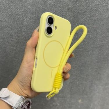 Imagem de Capa de silicone líquido para iPhone 16, 11, 12, 13, 14, 15 Pro Max, 16 Plus, alça de pulso, cordão magnético, amarela, para iPhone 15 Plus
