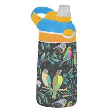 Imagem de Garrafa de água esportiva infantil colorida com folhas verdes e pretas para escola, 473 ml Tritan 473 ml, garrafa de água com canudo, copo infantil portátil à prova de vazamento, alça de transporte