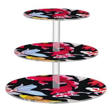 Imagem de Suporte de cupcake de 3 níveis para festa, torre de bolo, mesa de exibição de acrílico, suporte de sobremesa, decoração de chá de bebê, colorido, peixe, koi, preto