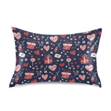Imagem de Wassud Fronha de cetim para cabelo e pele com coração azul marinho Dia dos Namorados Capas de almofada respiráveis tamanho padrão com fecho de envelope