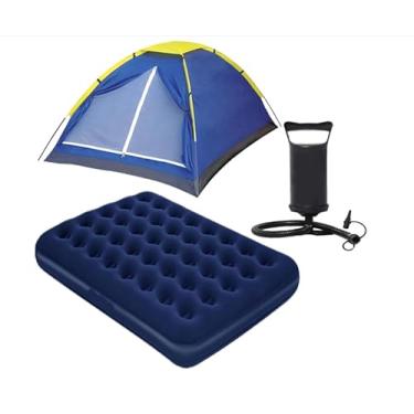 Imagem de Kit Camping Barraca Iglu 4 Pessoas 210x210x130cm com Colchão Inflável Casal e Inflador, Tenda de Camping Familiar Impermeável com Tela Mosquiteiro