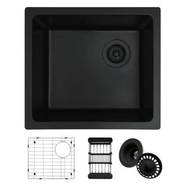 Imagem de MONSINTA Pia de barra preta, pia de cozinha composta de granito preto com acessórios, pias de cozinha de pedra de quartzo de 48 cm x 43 x 9 pequenas com ralo deslocado