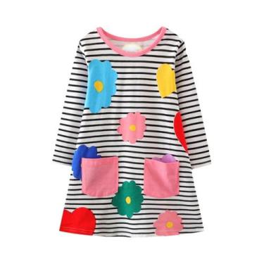 Imagem de Vestido Listrado De Manga Comprida Para Meninas, Com Flores Coloridas,
