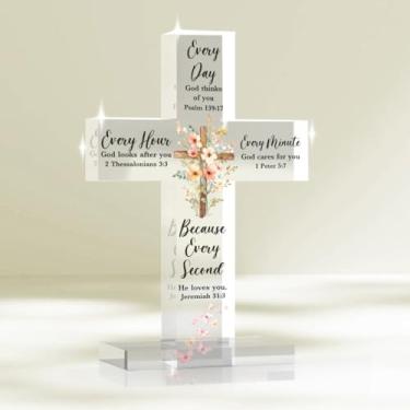 Imagem de Decoração Cristã Presentes Religiosos para Mulheres Decoração de Mesa Cristã Todos os Dias Deus Pensa em Você Sinal Verso da Bíblia Cristã Sinal Cruz Acrílico Religioso para Escritório em Casa Sala de